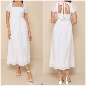 Lulu's Stylish Merriment White Puff Sleeve Embroidered Midi Dress Size Small